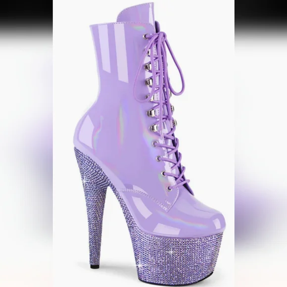 Iridescent Purple Lilac Lavender Platform Heel Boots - Picture 8 of 11